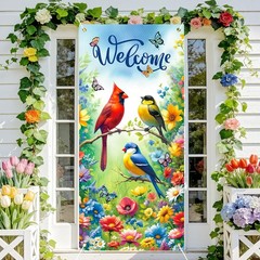 Spring Welcome Door Cover Decorations Spring Summer Bird Flower Door Banner E…