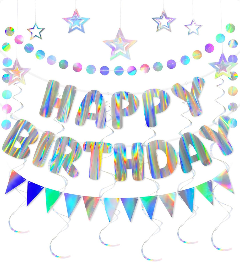 Iridescent Birthday Decorations with Holographic Pre-Strung Happy Birthday Banne