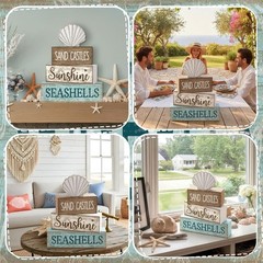4-Piece Rustic Beach Summer Decor Set – Colorful Wooden Tabletop Centerpieces