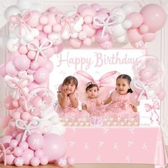 Pink Bow Birthday Decorations Set – 227 Pcs Coquette Party Supplies, Backdrop, C