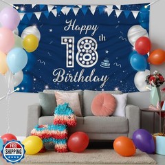 JOYKY Happy 18th Birthday Banner, Blue Silver Happy 18th Birthday Party Decor
