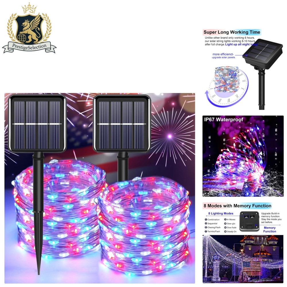 8 Mode 200 LED Solar Fairy Lights – 66ft Flexible Decor for Patriotic Holidays