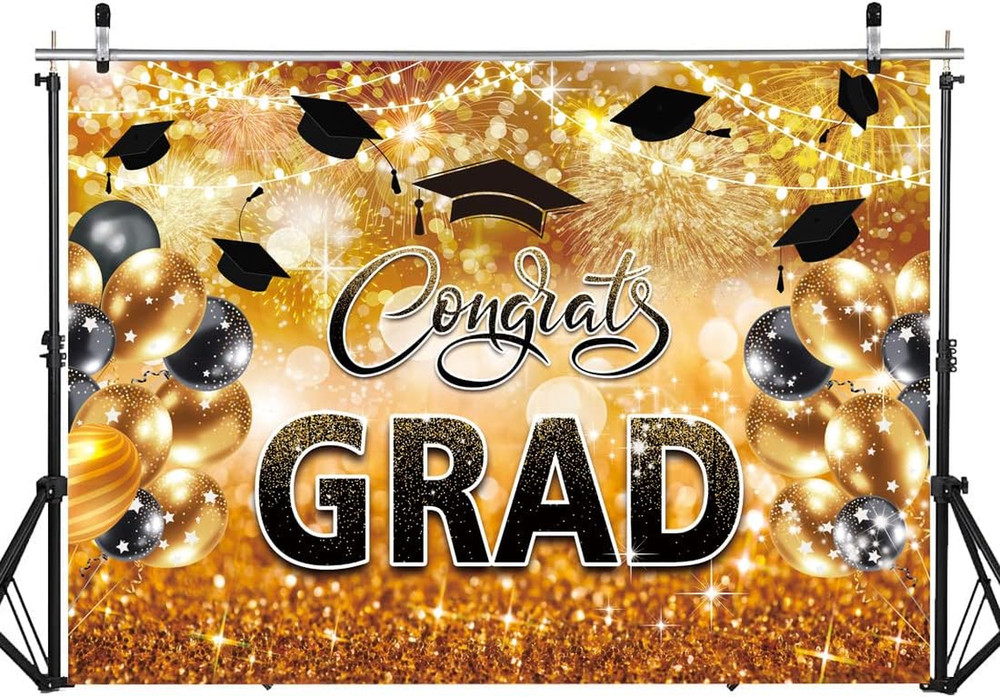 8X6FT Congrats Grad Backdrop Black Gold Glitter Graduation Party Decorations …