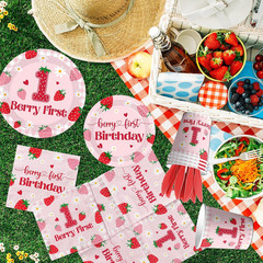 Berry 1st Birthday Tableware Set Plates Cups Napkins Forks for 24 Guests
