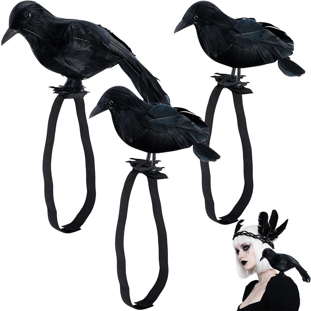 Adnee 3 Pcs Mix Size Halloween Crow on Shoulder,Realistic Black Feather Crow Sta