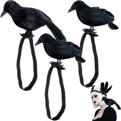 Adnee 3 Pcs Mix Size Halloween Crow on Shoulder,Realistic Black Feather Crow Sta
