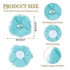 12Set 2″ Chiffon Flowers with Rhinestone Pearl Sewing Fabric Flowers Teal