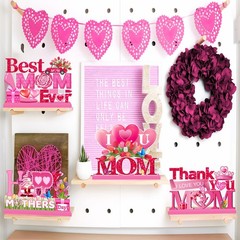 4 PCS Mother’s Day Decorations Wood Table Centerpieces Pink I Love U Mom