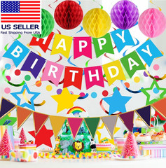 Colorful Birthday Decorations, Happy Birthday Banner with Honeycomb Balls, Stars