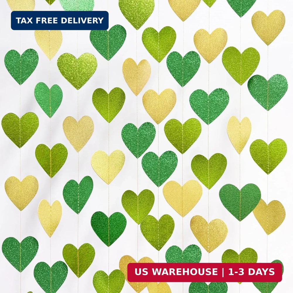 Gold and Green Heart Party Decorations Glitter Paper Love Heart Hanging Banner S