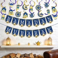 34 Pcs Ramadan Decorations for Home, Pre-Assembled Ramadan Mubarak Banner,