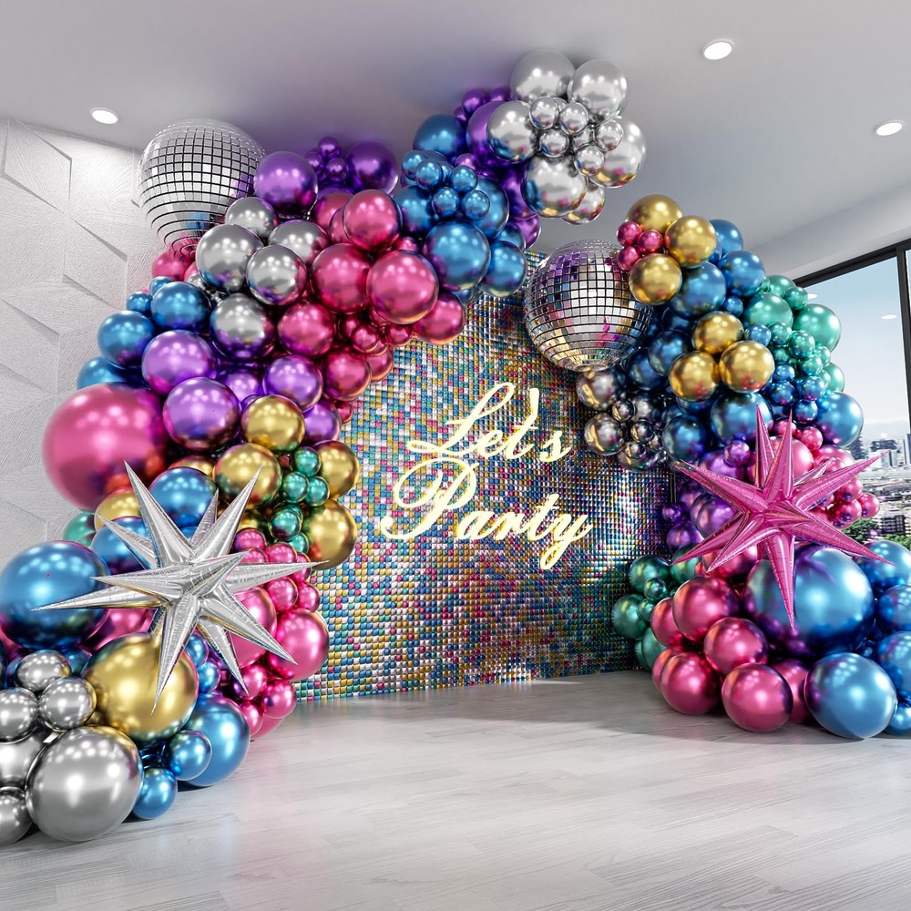 135pcs Disco Balloon Arch Kit with Disco Ball Balloons Silver Blue Green Purp…