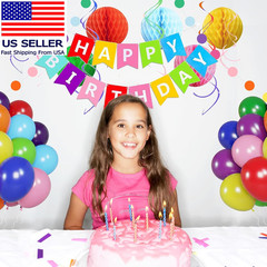 Rainbow Birthday Party Decorations, Happy Birthday Banner with Colourful Balloon