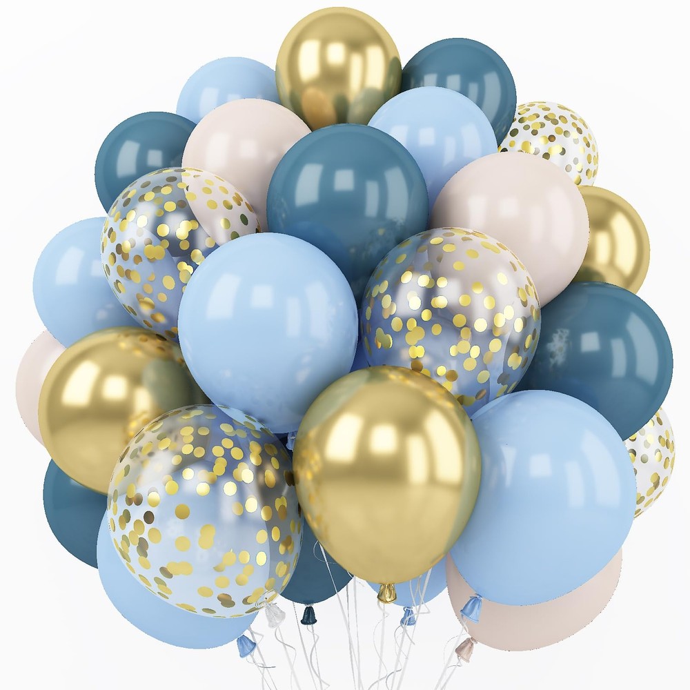 Togvu Dusty Blue Balloon Set, 60 Packs 12 Inches Metallic Chrome Gold Macaron