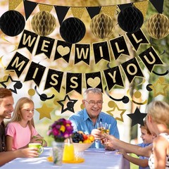 Farewell Party Decorations, Black Gold We Will Miss You Banner Hanging Swirls…