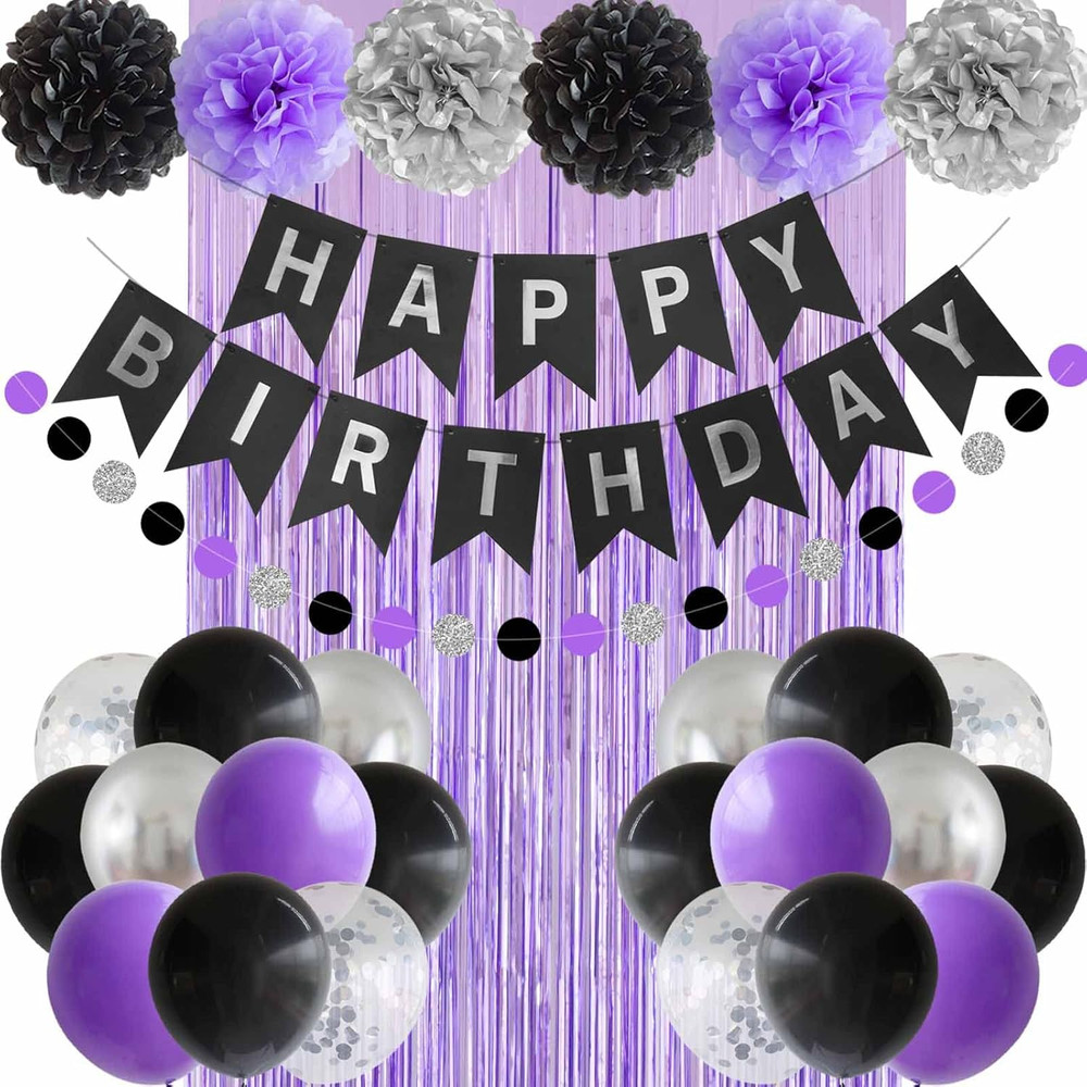 Black Purple and Silver Happy Birthday Party Decorations Balloons Décor Supplies
