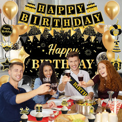 Black Gold Birthday Decorations Set | Happy Birthday Banner & Sash, Balloons Pom