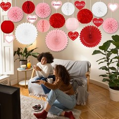 Red Pink Valentine Party Decoration Paper Fan Honeycomb Tissue Pom 22 PCS