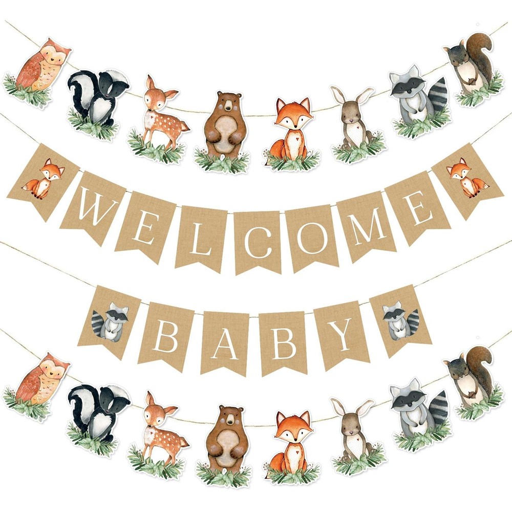 Woodland Baby Shower Banner, Forest Animals Party Decor for Boys and Girls
