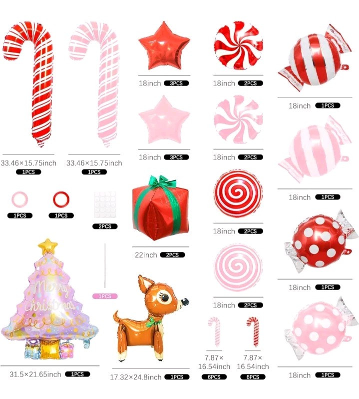36Pcs Christmas Candy Theme Balloons Foil Mylar Big Candy Cane Tree Reindeer