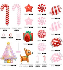 36Pcs Christmas Candy Theme Balloons Foil Mylar Big Candy Cane Tree Reindeer