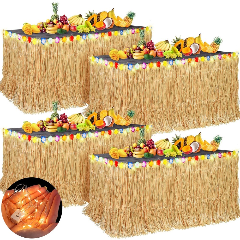 4 Pieces 9 Ft x 30 Inches Luau Grass Table Skirts with String Light Hawaiian …