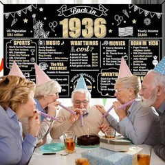Large 90th Birthday Banner Backdrop Decorations for Women Men, Black Gold 90th