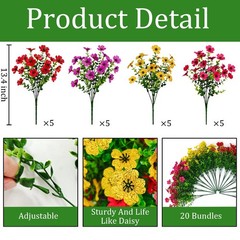 20 Pcs Artificial Flowers for Outdoors Fake 20 Pcs, Pink Red Purple Yellow