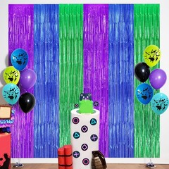 22pcs Video Game Birthday Decorations, Purple Blue Green 3.3×8.2ft Tinsel Foi…