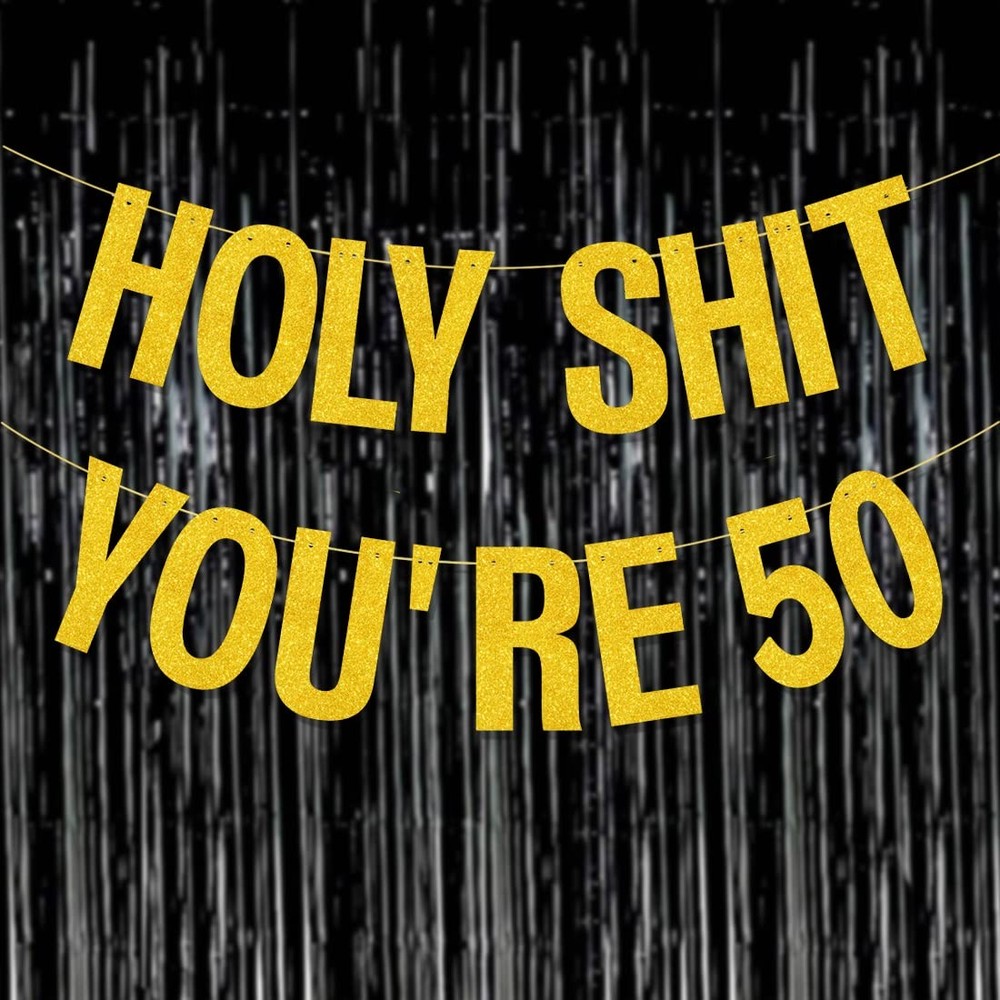 50th Birthday Decorations Banner Women Men Pre-Strung Gold Glitter Funny