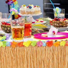 9 Feet X 29.5″ Luau Grass Table Skirt – Hawaiian Theme Party Skirt with Hibiscou