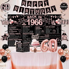 60th Birthday Decorations Kit – Rose Gold & Black, Happy 60th Banner, Crown, Sas