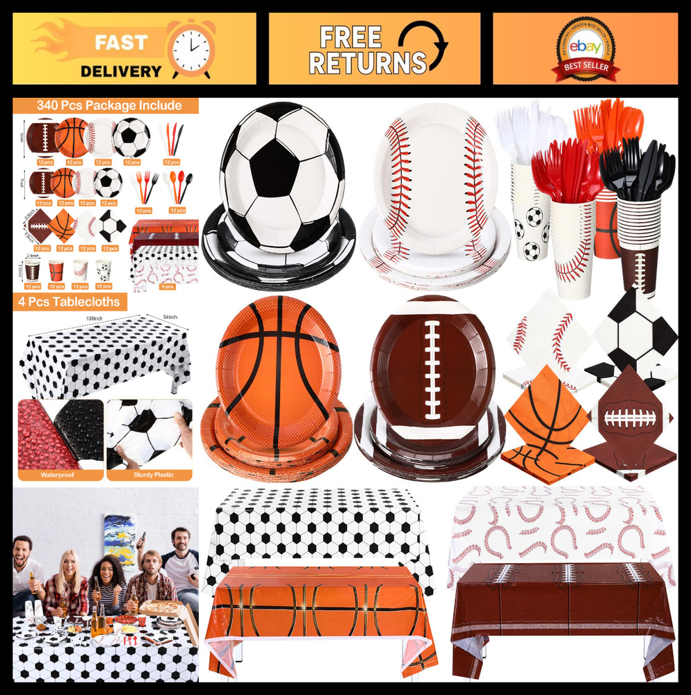 340 Pcs Sports Theme Party Supplies – Plates, Napkins, Cups & Cutlery for 48 Gue