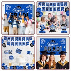2026 Graduation Decorations Set – Blue Congrats Grad Banner, Backdrop, Balloons