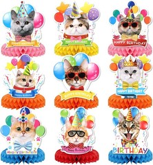 Colorful Cat-Themed 9Pcs Honeycomb Centerpieces for Kids’ Birthday Celebrations
