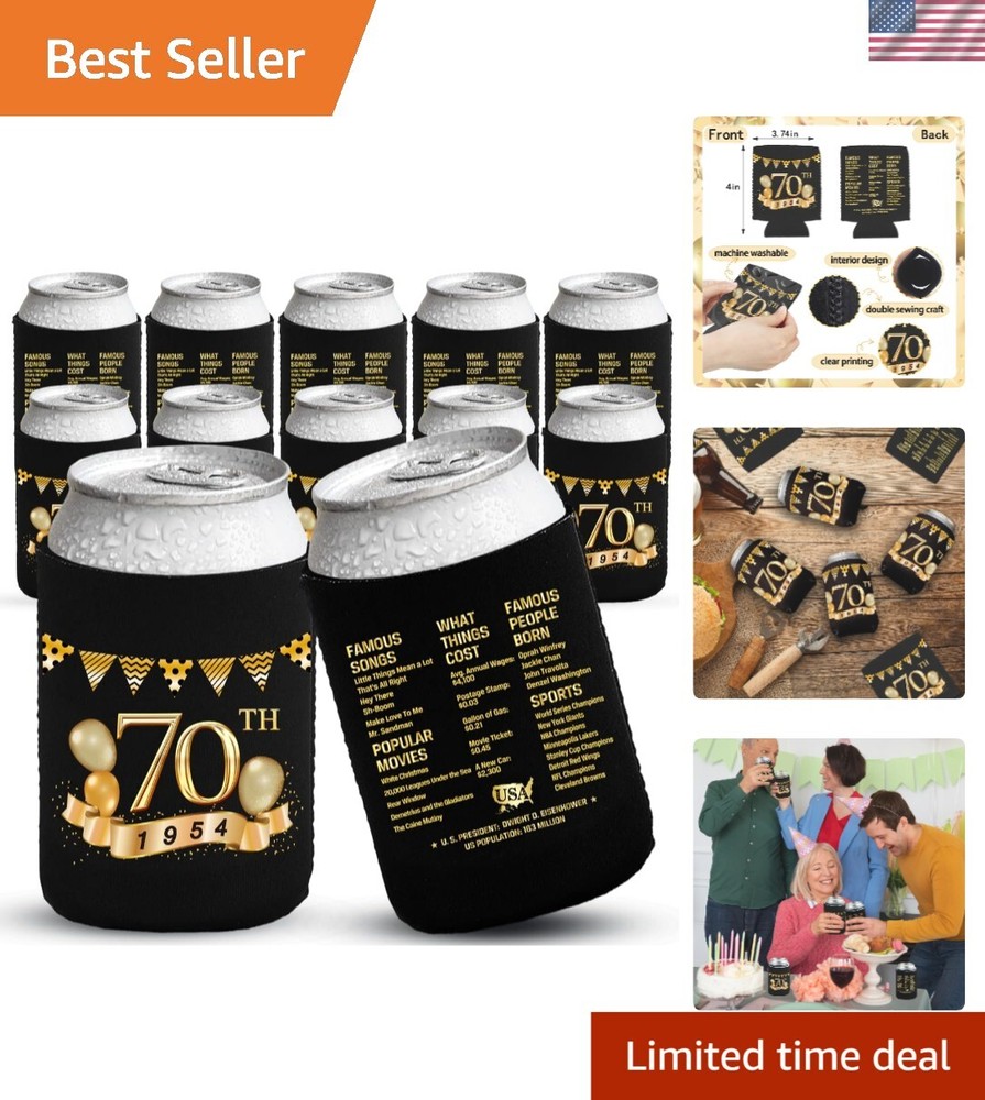 Premium 70th Birthday Party Can Coolers – 12 Neoprene Sleeves in Stylish Design