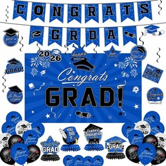 2026 Graduation Decorations Set – Blue Congrats Grad Banner, Backdrop, Balloons