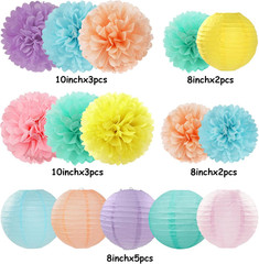 Pastel Rainbow Colorful Party-Decorations Paper Flowers Lanterns – 15PCS Birthda