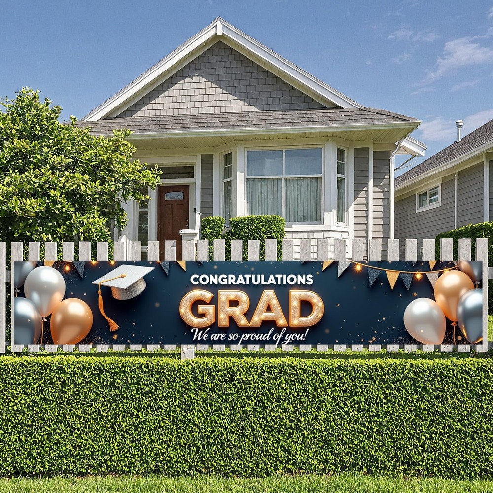 Graduation Banner 2026 Gold and Navy Blue Congrats Grad Banner Class of 2026 De.