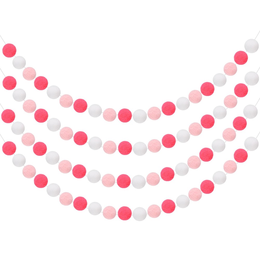 4pcs Pom Pom Garland 6.6 ft 30 Balls for Crafts Decor(Rose Pink, White)
