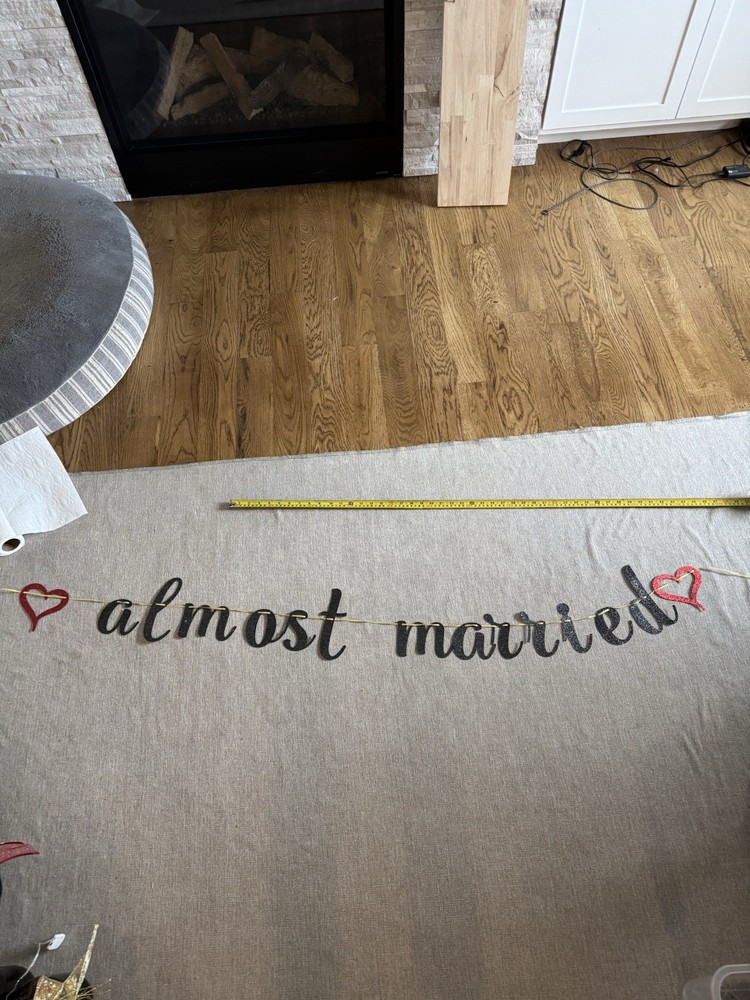 Almost Married Glitter Party Banner Garland w/ Hearts, Black Red Gold, Wedding
