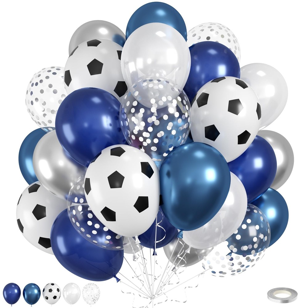 Soccer Balloons, 50pcs Metallic Blue Silver Balloons, White Pearl Navy Blue B…
