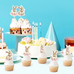 36 PCS Pink Bow Floral Bunny Cupcake Toppers Rabbit Theme Party Decoration
