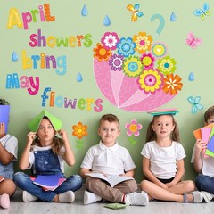 42Pcs April Showers Bring May Flowers Bulletin Board Decoration Kit Spring Fl…