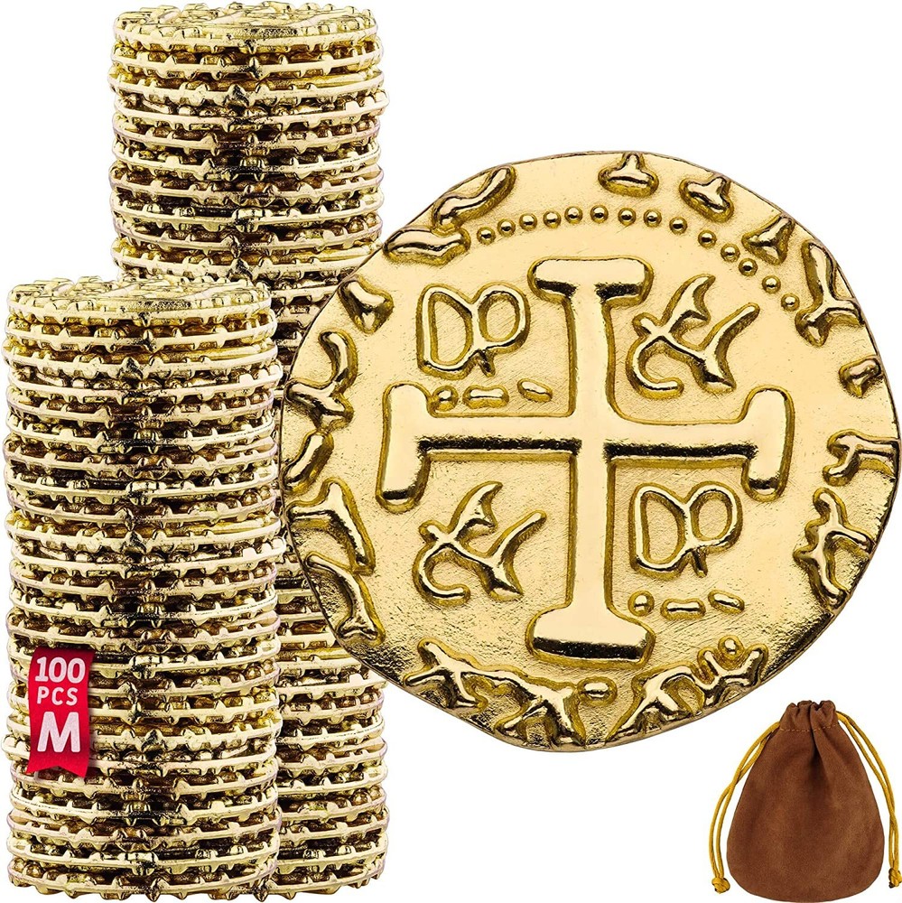 Pirate Coins – 100 Medium Gold Metal Pirate Treasure Coin Set – 7/8″ Diameter