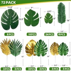 72 Pcs Tropical Leaves Faux Leaf Greenery Party Decor