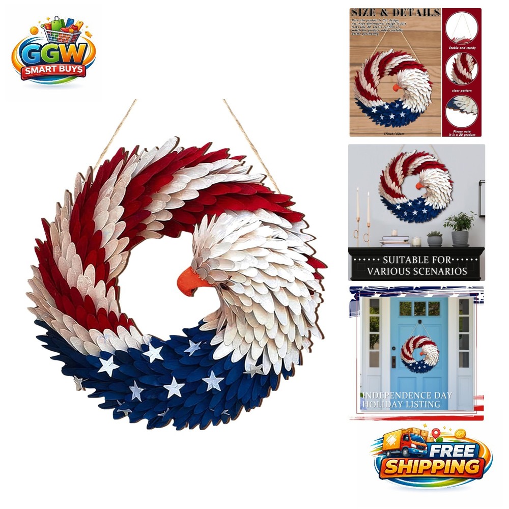 Charming Wood Patriotic Eagle Wreath – 17 Inch 4th of July Door Decor
