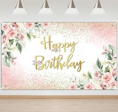 Rose Gold Birthday Backdrop for Women Pink Floral Golden Flash Happy Birthday Pa