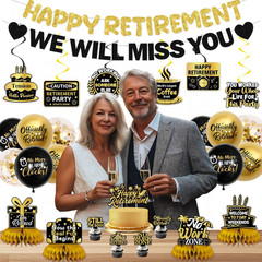 Retirement Party Decorations Men Women, Black Gold Happy Retirement Decorations,