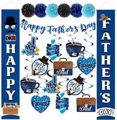 Fathers Day Decorations Kit Banner Swirls Pom-Poms Party Supplies Home